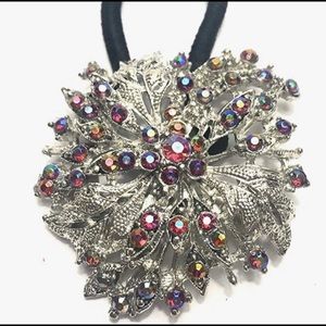 Ponytail Holder Brooch Red Rhinestones 2 in 1